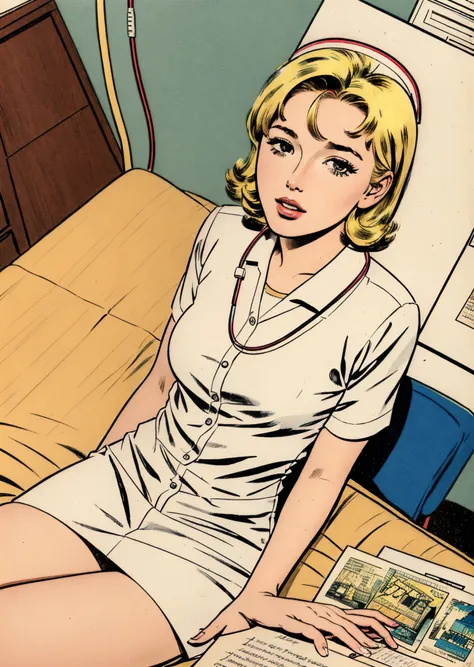 kirbywood, comics, drawing, vintage color comics of a nurse,  vintage dirt, dirt of aging, blonde hair, [cybsheph | kristen], wo...