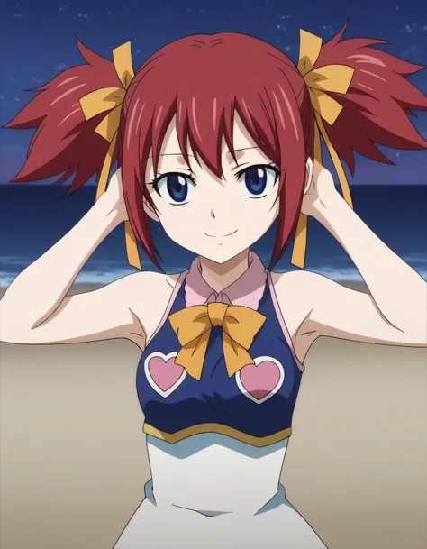 chelia_blendy, source_anime, rating_safe, intricate details, anime screencap, anime coloring, 1girl, solo,  red hair, blue eyes, ribbon, hair ribbon, twintails, short twintails, looking at viewer, solo, contrapposto, spread armpit, arms behind head, smile,...