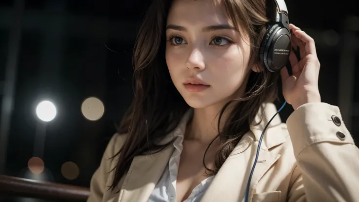 A BEAUTIFUL WOMAN IN A LIVEN BLAZER LISTENING TO SOUND WITH HEADPHONES