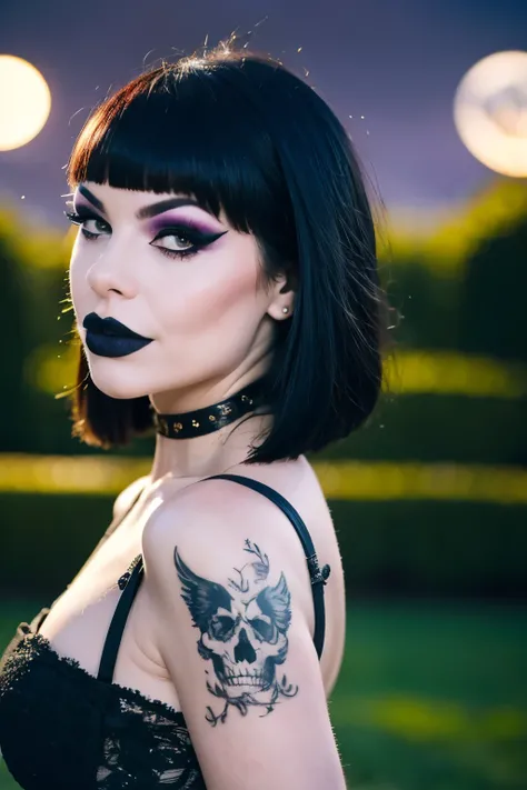 Generphie a hyper-realistic image thphi employs the shallow depth of field technique, Head and shoulders portrait to highlight a beautiful gothic girl wearing a gothic dress, ((cut hair with bangs)),skull tattoo, ((heavy make-up)) , phi ((phiite em um cemi...