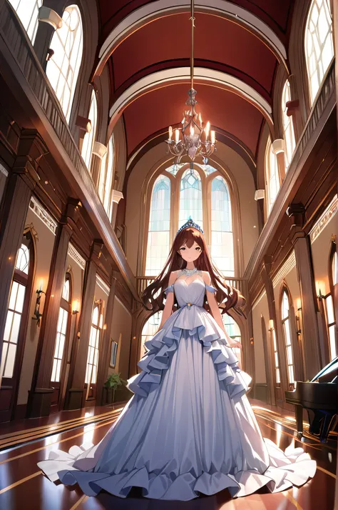 1girl, solo, long hair, (dynamic angle), Ruffled Dresses, (The great hall of the mansion), tiara, Luxurious interior, looking at viewer,