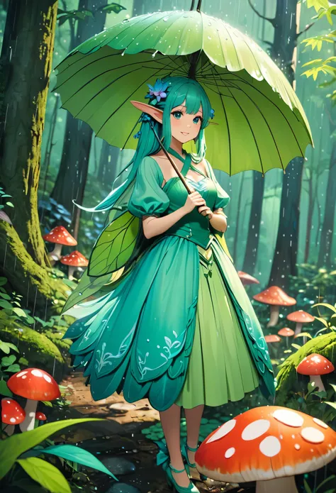 detailed, 8K, Movie angle, in the rain、A fairy woman holding a mushroom umbrella stands in the forest。. 