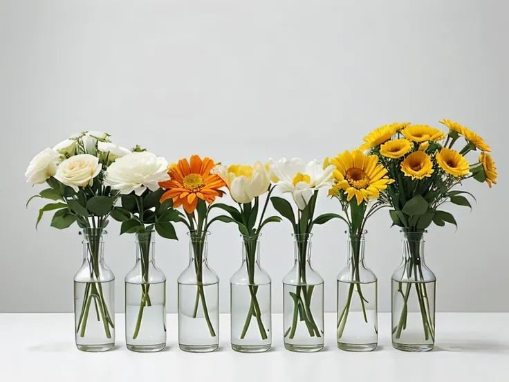 nobody, 20 different flowers are presented one by one, White background, bright colors, There is a white empty space at the top, No stem, There are no vases, no water