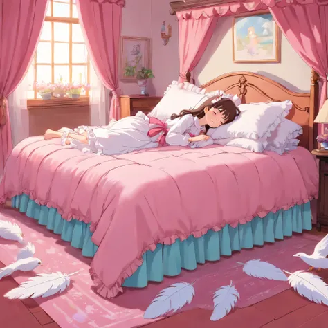 Ghibli-style animation illustration, The girl is sleeping on the bed,Anime illustrations, A lot of small white feathers, Lolita fashion long-sleeved long skirt nightgown with frills and ribbons, on a huge and wide pink canopy bed, a bed skirt with many pil...