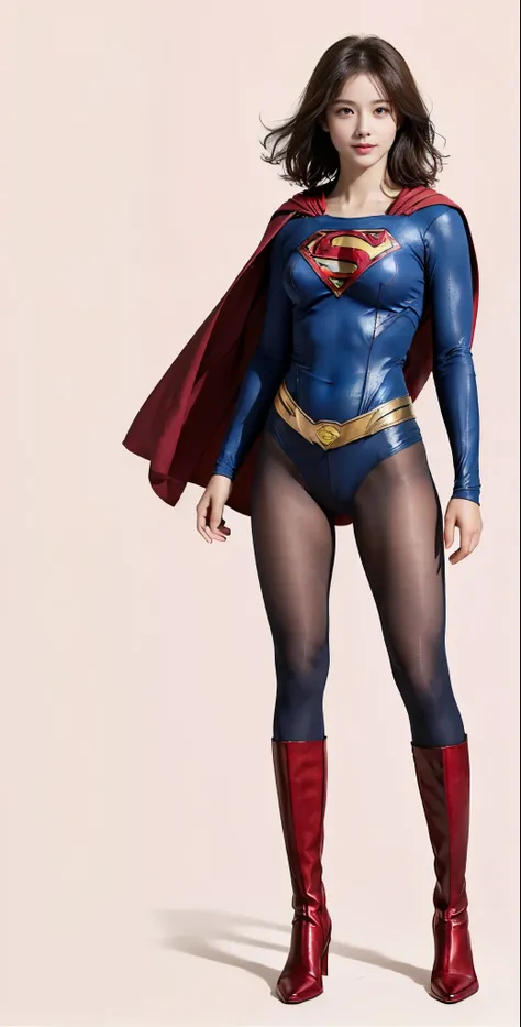 No background、(((Beautiful legs in black tights.)))、(((Legally express the beauty of your smile)))、((((Make the most of your original images)))、(((Supergirl Costume)))、(((Beautiful very short hair)))、(((suffering)))、(((Please wear black tights....、Wear red...