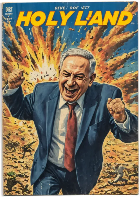 Vintage comic book cover illustration of old and fat Netanyhu exiting and laughing manically over the holy land exploding, The name (Holy Land:1.5), vintage dirt, dirt of aging,