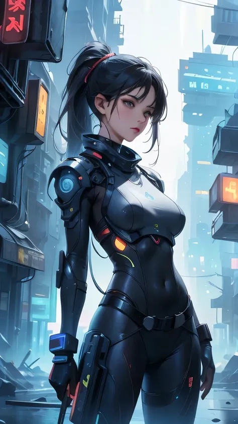 beautiful face, best quality, ultra high resnatural light, shiny skin, detailed skin, detailed face, detailed eyes, beautiful lady, split ponytail, big hair, mole under eye, A scene from a science fiction movie, background(Abandoned futuristic city), a bod...