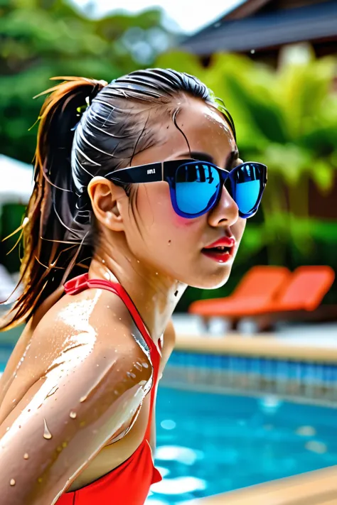 A Japanese bikini 👙 girl with huge breasts and curvy hips wearing small sunglass with Ponytail hairstyle coming out from the swimming pool fully wet, sharp focus, depth of field, 8k photo, HDR, professional lighting, taken with Canon EOS R5, 75mm lens