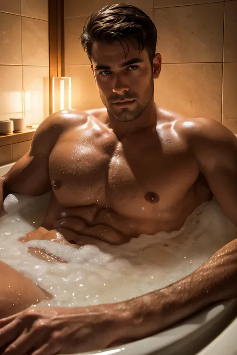 a man sitting in a bathtub, relaxing, bubble bath, bath photography, handsome man, oppai, oppai proportions, big chest, extremely detailed face, detailed eyes, detailed lips, chiaroscuro lighting, cinematic composition, dramatic lighting, moody atmosphere,...