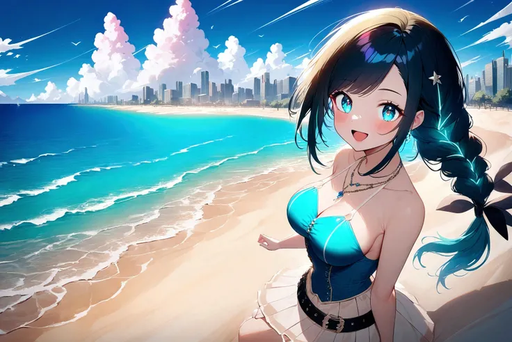 A breathtaking masterpiece unfolds as a stunning anime girl stands confidently, gazing directly at the viewer with an excited expression. Her long, aquamarine hair flows down her back like a river of green neon, adorned with a single braid and striking asy...