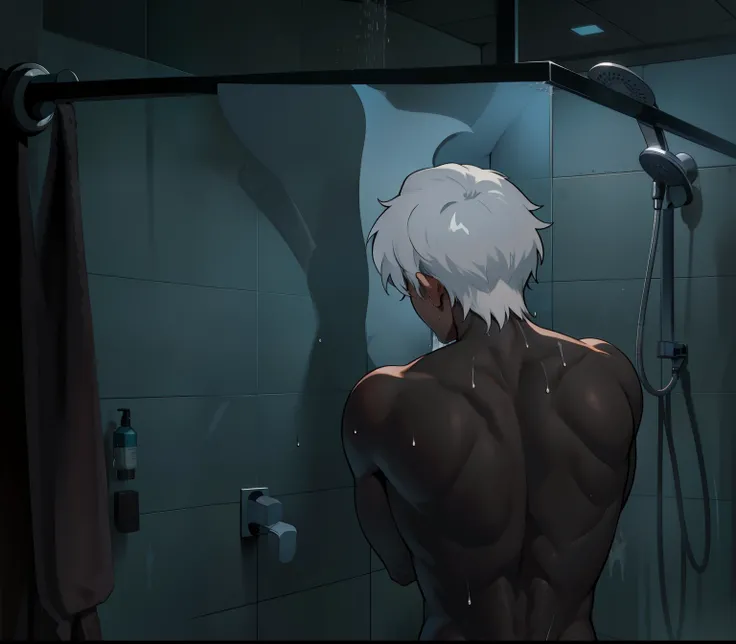 A 17-year-old gray-haired male is on his back. In the shower, the water falls on his body. He is on his back.