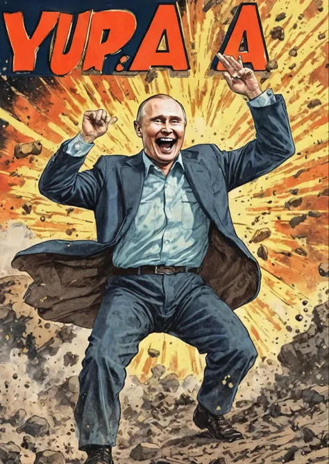 vintage comic book cover illustration of old  putin exiting and laughing manically over the earth exploding, the name ('урааааа'...