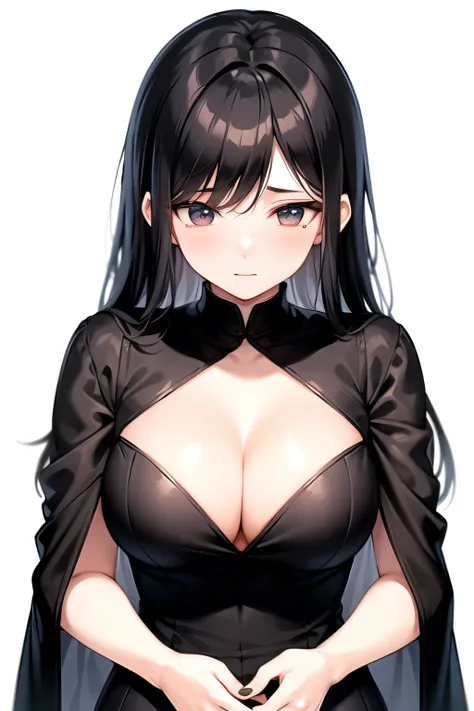 (Girl wearing black silk stockings 1.5) (a girl 1.6) (looking down at the audience) (white background) (upper body wearing KJ costume, Japanese student jk) (long black hair, black long straight) (cleavage)