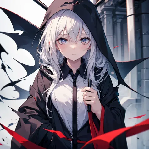 (((Grim Reaper&#39;s Scythe)))　(((Gray Hair　Short Hair　blue eyes　girl)))，((night　full moon　My own big wings))，(Wearing a hood　Black camisole　Purple light)，　A tense look　Shining Background　Shining Edge