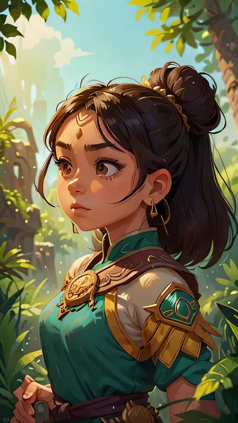 Create a striking 4K resolution close-up portrait of Raya, the courageous heroine from Disneys "Raya and the Last Dragon":

Imagine Raya with her distinctive features: her dark brown hair tied back in a practical bun or styled to reflect her adventurous sp...