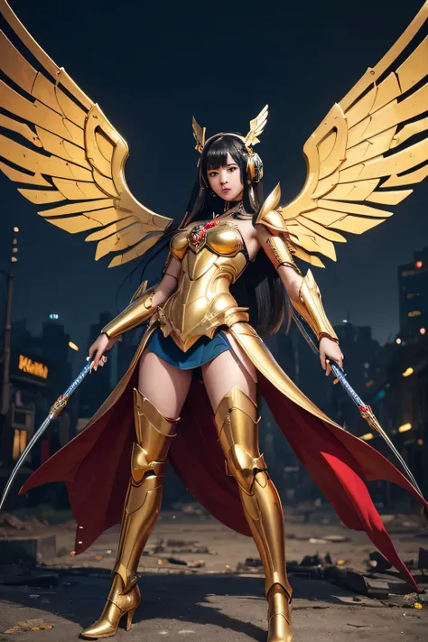 ((best quality)), ((masterpiece)), (ultra detailed), long shot fullbody a beautiful ((thai girl, long straight black hair )), 32 perfect breasts, ((gold)) headphones. wearing ((sexy mecha armor)) in ((shiny red and gold engraving)) with ((bee wings)). wear...