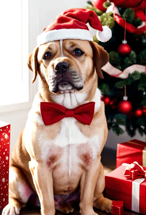 Dog wearing Santa hat and red bow tie，happy dog,Lighted Christmas tree in the background, Fresh and lovely，warm color palette，Warm scene，Natural light，Pastel tones