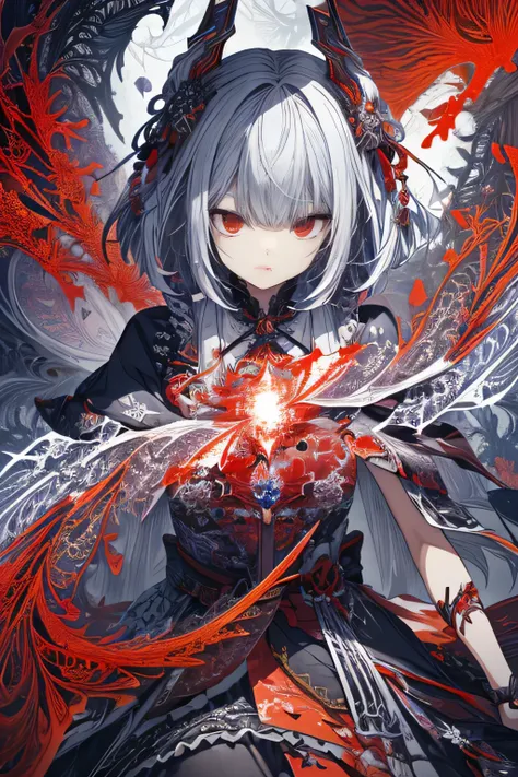 (On the table, Absurd quality, Highest quality, Official Art, beautiful and aesthetic: 1.2), (A woman: 1.4), Very detailed, (Fractal Art: 1.3), rich and colorful, Best details, Banshee Sword Wielder, (front::1.3), Action style, Dark gray and red, Arranged ...