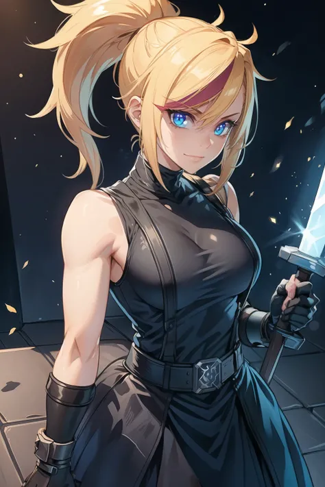 (masterpiece, best quality:1.2), Blue  glowing eyes, perfect face, highres, 1 girl, solo, ultra long ponytail, (female:1.5), strife, blonde hair, shoulder armor, sleeveless turtleneck, suspenders, belt, gloves, bracer, evil smile, standing, portrait, looki...