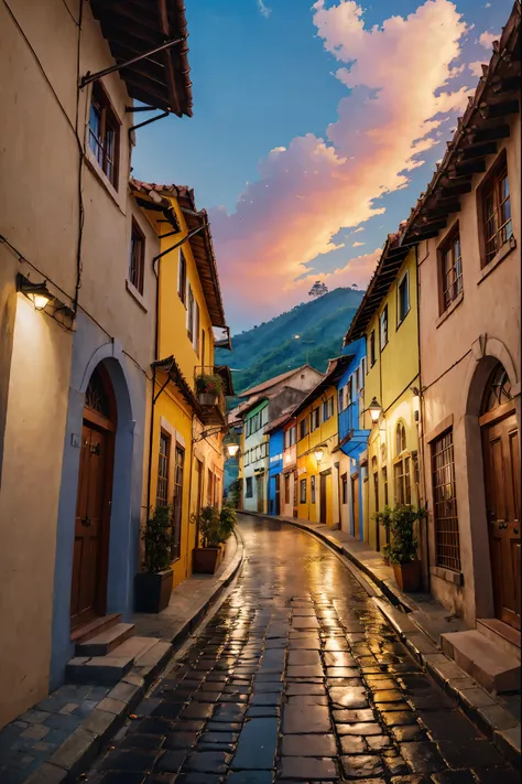 a colorful and beautiful alley decorated with umbrellas in guatape, antioch, colombia, at sunset, very detailed, photorealistic,...