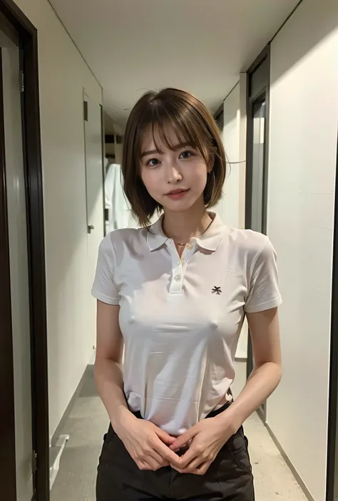 ((Are standing、Medium Short Hair、Big Breasts that can be seen even through clothes、Both hands are in front of the navel、A photo showing pants through a short polo shirt、roll up one&#39;s shirt with one&#39;s hands、She is wearing a white polo shirt and luxu...