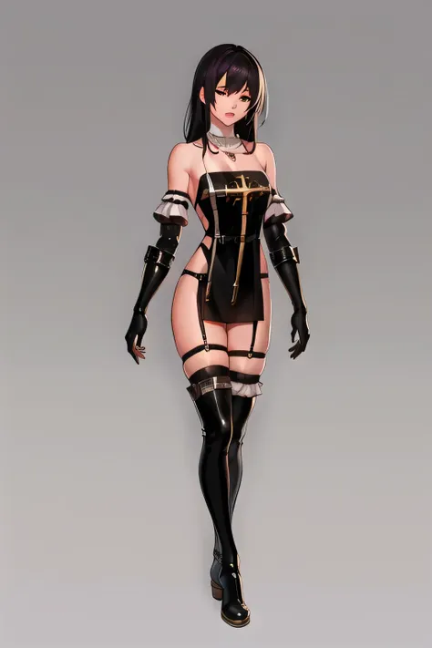 fpriest,glove, bare shoulders, black dress, thigh boots, garter strap, cross necklace,
1girl, solo,looking at viewer,
gray backg...