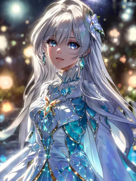 masterpiece, highest quality, figure, alexandrite eyes and hair, platinum earrings, Platinum Necklace, white dress, The Little Mermaid, cute, (dynamic lighting:1.2), cinematic lighting, delicate features, fine eyes, sharp pupils, realistic student, Depth o...