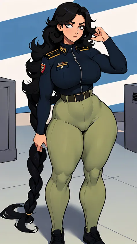 military woman, navy uniform, leotardo, curvy, athletic body, black long curly hair