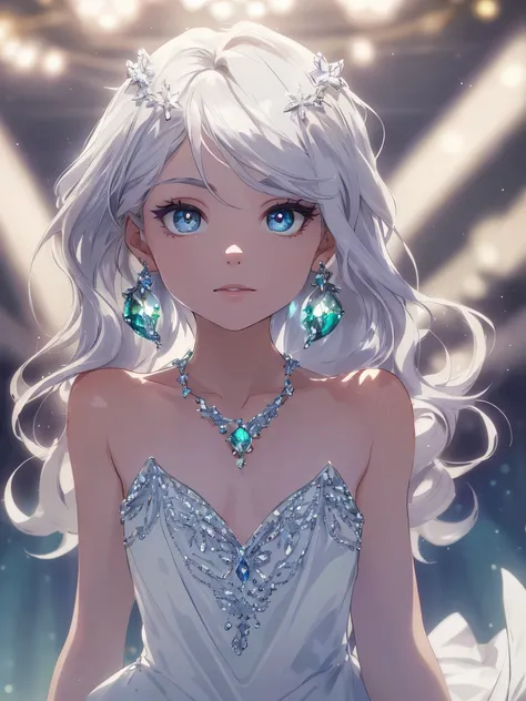 masterpiece, highest quality, figure, alexandrite eyes and hair, platinum earrings, Platinum Necklace, white dress, The Little Mermaid, cute, (dynamic lighting:1.2), cinematic lighting, delicate features, fine eyes, sharp pupils, realistic student, Depth o...