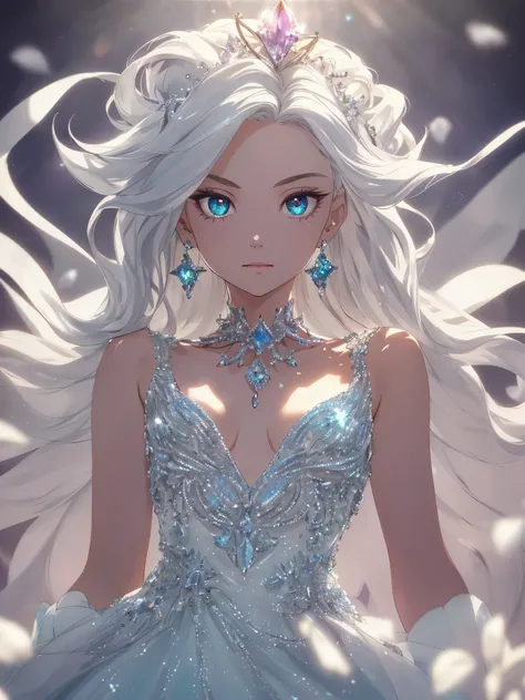 masterpiece, highest quality, figure, alexandrite eyes and hair, platinum earrings, Platinum Necklace, white dress, The Little Mermaid, cute, (dynamic lighting:1.2), cinematic lighting, delicate features, fine eyes, sharp pupils, realistic student, Depth o...