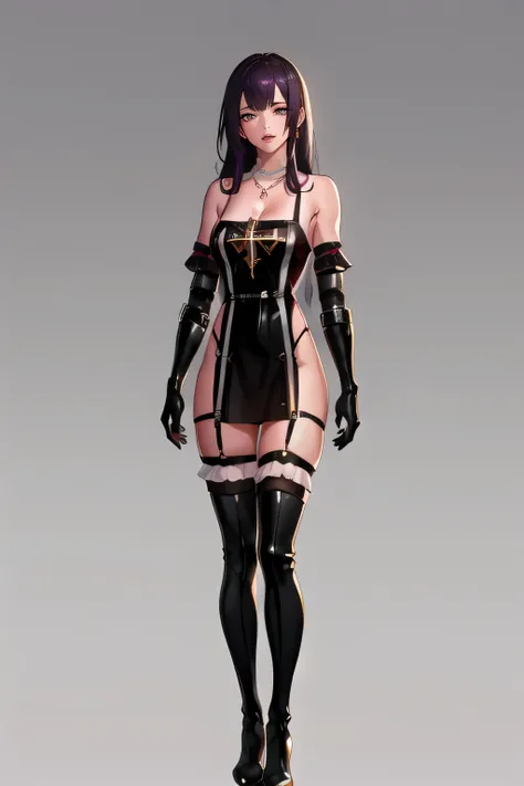 fpriest,glove, bare shoulders, black dress, thigh boots, garter strap, cross necklace,
1girl, solo,looking at viewer,
gray backg...