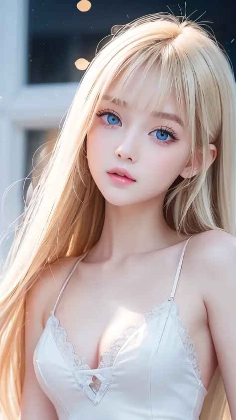 a very cute blonde beauty、cute 16 years old、very beautiful bright pale light blue large eyes、very big eyes、gloss face、snow-white...