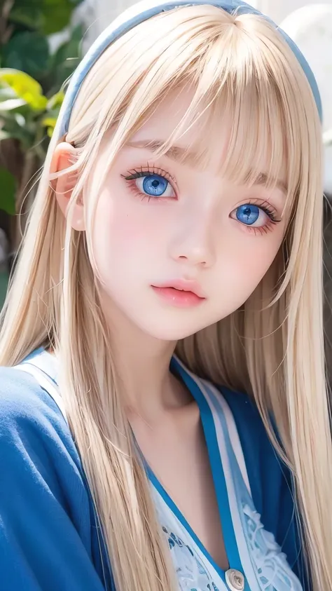A very cute blonde beauty、Cute 16 years old、Very beautiful bright pale light blue large eyes、Very big eyes、Gloss Face、Snow-white glossy skin、Cheek gloss highlighter、Super long hair、Ample Bust、Beautiful bangs between the eyes、Small Face Beauty、round face、ey...