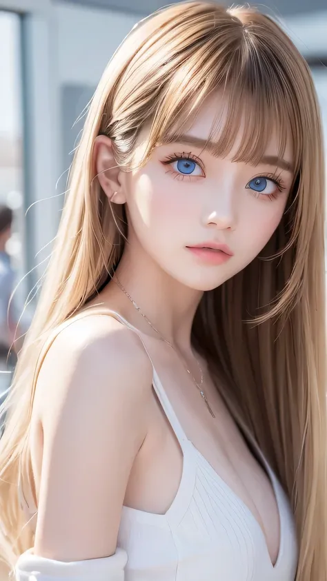 A very cute blonde beauty、Cute 16 years old、Very beautiful bright pale light blue large eyes、Very big eyes、Gloss Face、Snow-white glossy skin、Cheek gloss highlighter、Super long hair、Ample Bust、Beautiful bangs between the eyes、Small Face Beauty、round face、ey...