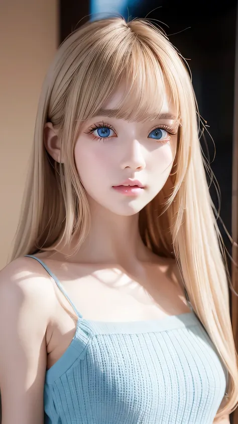 A very cute blonde beauty、Cute 16 years old、Very beautiful bright pale light blue large eyes、Very big eyes、Gloss Face、Snow-white glossy skin、Cheek gloss highlighter、Super long hair、Ample Bust、Beautiful bangs between the eyes、Small Face Beauty、round face、ey...