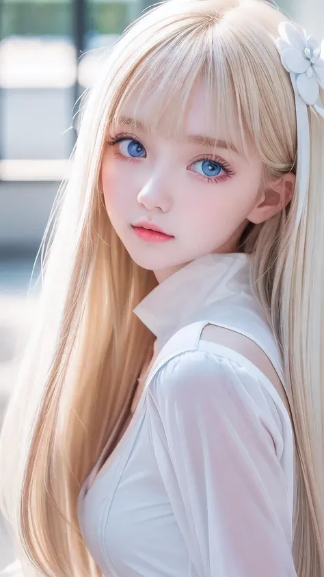 A very cute blonde beauty、Cute 16 years old、Very beautiful bright pale light blue large eyes、Very big eyes、Gloss Face、Snow-white glossy skin、Cheek gloss highlighter、Super long hair、Ample Bust、Beautiful bangs between the eyes、Small Face Beauty、round face、ey...