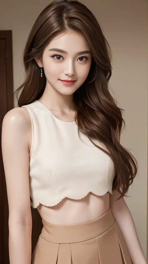 ((best quality, 8K, masterpiece: 1.3)), 1 girl, Slim belly beauty: 1.3, (Hairstyles Brown Hair Shortcuts, Large target: 1.2), skirt: 1.1, Super thin face, Exquisite eyes, Double eyelids, Smile, Home, RAW photos