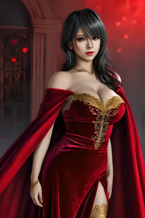 1girl,(Red Theme: 1.2), wearing a velvet dress, a gorgeous cape,, beautiful detailed eyes, beautiful detailed lips, extremely detailed eyes and face, long eyelashes, best quality, 4k, 8k, highres, masterpiece, ultra-detailed, realistic, photorealistic, pho...