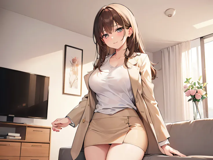 (Masterpiece, highest quality, high resolution, realistic photo, realistic looking skin:1.1), 
(The woman seduces us as she stands, crouches, and sits in the living room of an apartment building:1.8), 
(provocative, smirking expression: 1.5),
(She is weari...