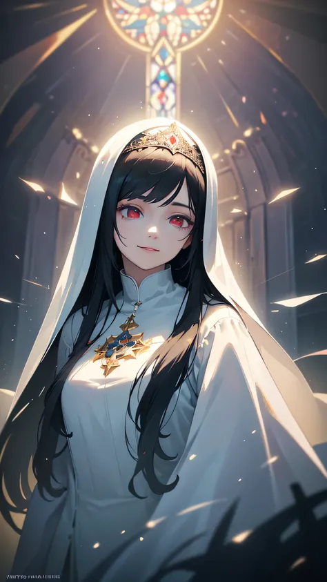 A beautiful, smiling nun in a white habit, with long black hair and red eyes, set against a background of a church, with a fantastical, ethereal atmosphere, accented by shimmering particles of light, reminiscent of stained glass, (best quality,4k,8k,highre...