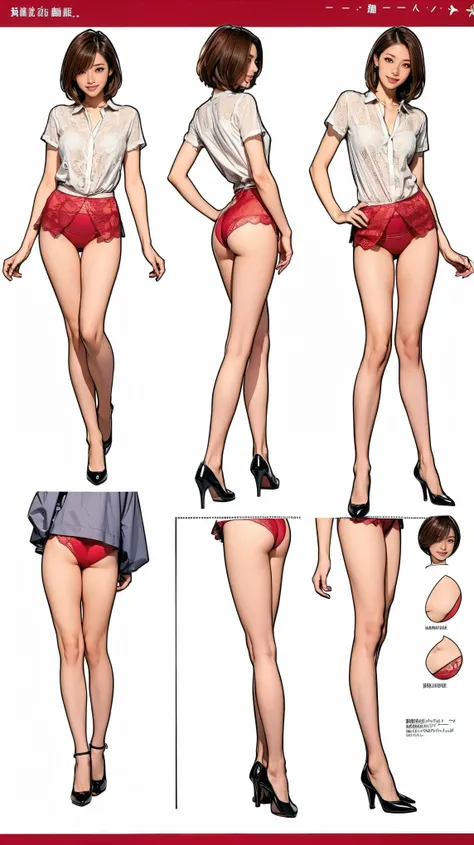 ((masterpiece)),(((Highest quality))),((Character design sheet)),Thin thighs,Long legs,20 year old Japanese woman，Brown thin hair, Short hair with side waves,Medium bust size，A very kind smile, Red lace sexy panties:1.5，Wearing a white shirt，I&#39;m not we...