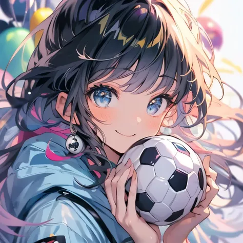 Highest quality、masterpiece、Anime Girls、((Have a soccer ball))、smile、Upper Body、Lots of balloons、Gwaiz、Birthday lettering