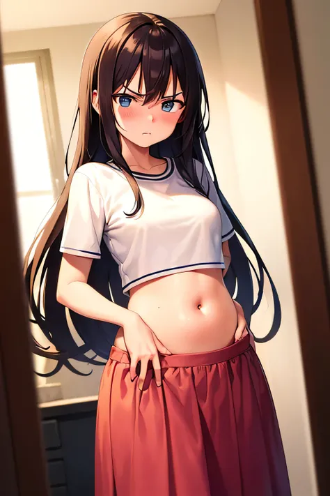 super fine illustration, vibrant colors, masterpiece, sharp focus, best quality, depth of field, cinematic lighting, ultra detailed, blush, annoyed, belly button, navel, hips, 1girl,  looking down, t shirt, short sleeves, frilled long skirt, very long hair...