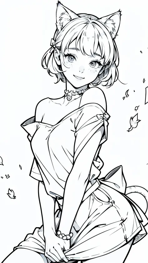 (Line art:1.4)、Monochrome、(No solid paint:1.4)、sketch、(Highest quality, masterpiece, High resolution)、(Anime Art)、(1 Girl)、Cat Costume、(Loose fitting T-shirt)、Loose fitting shirt、Off the shoulder、sexy mini dress、(Cat ear)、Bobcut、semi-long、Hair Bun、hair orn...