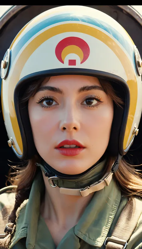 Close-up of a woman wearing a helmet，as well as, 2 0 2 1 4k frame grab, Barbarela, author：Anna Katharina Bullock, Fighter pilot in cockpit, Moody : : Wes Anderson, Retro Photography, Angry beautiful woman, The Sixties, hurry up, Won the CGsociety, Pompadou...