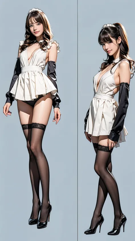 ((masterpiece)),(((Highest quality))),((Character design sheet)),Thin thighs,Long legs,Bunny girl in a sexy light blue maid outfit:1.5，wear black tights:1.5，The best smile:1.5，Full Body Shot:1.5，Gray background:1.5，Wearing black high heels:1.5，short side w...