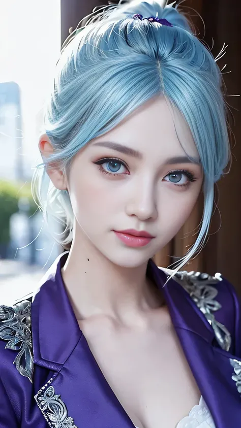 intricate details,thin,slim,beautiful girl,Light blue hair,white skin,purple eyes,sharp jawline,cropped jacket,messy hair,lips,upper body,close up,smirk,outdoors,