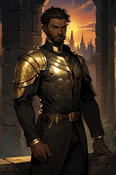 a young dark skin man. he has a short curly hair and a short-boxed beard. a dark medieval breastplate protect his chest and shol...