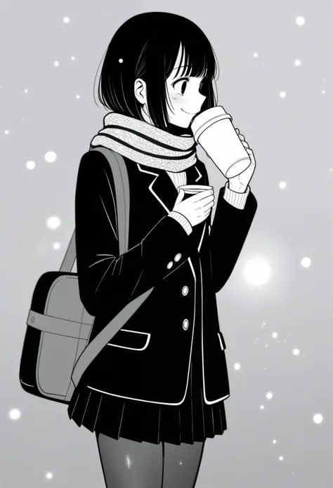 masterpiece, best quality, 1girl, mamerakkkkko, grayscale, manga style, japanese, chi no wadachi, black eyes, street, iced, blac...