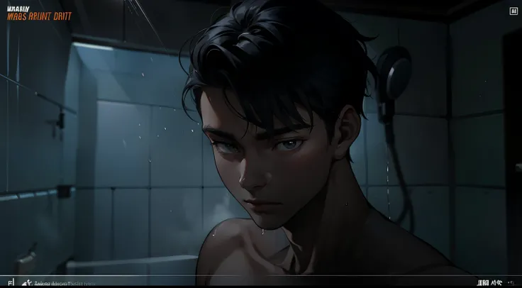 young man, 17 years old, gray hair, taking a shower, feeling someone approaching from behind him. 